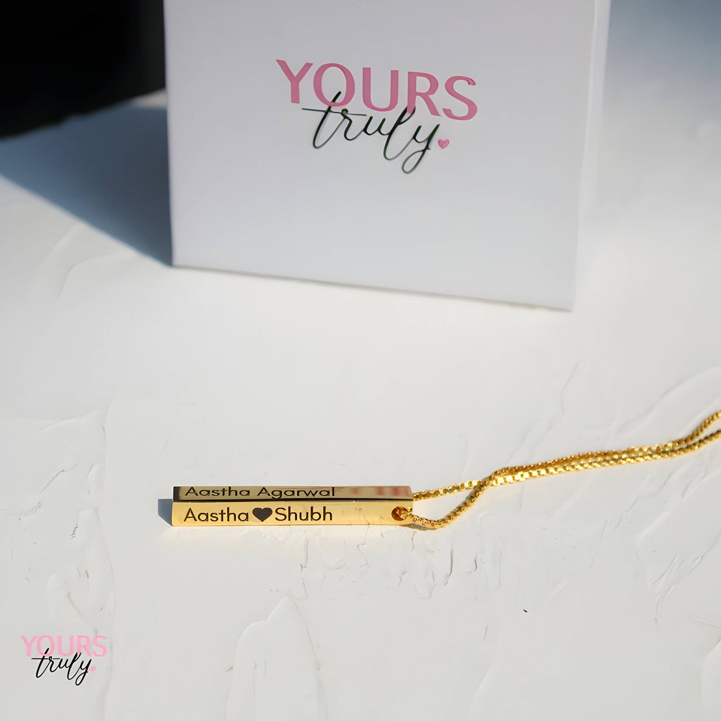 Yours Truly 22K Plated Engraved Cuboid Memory Bar Necklace