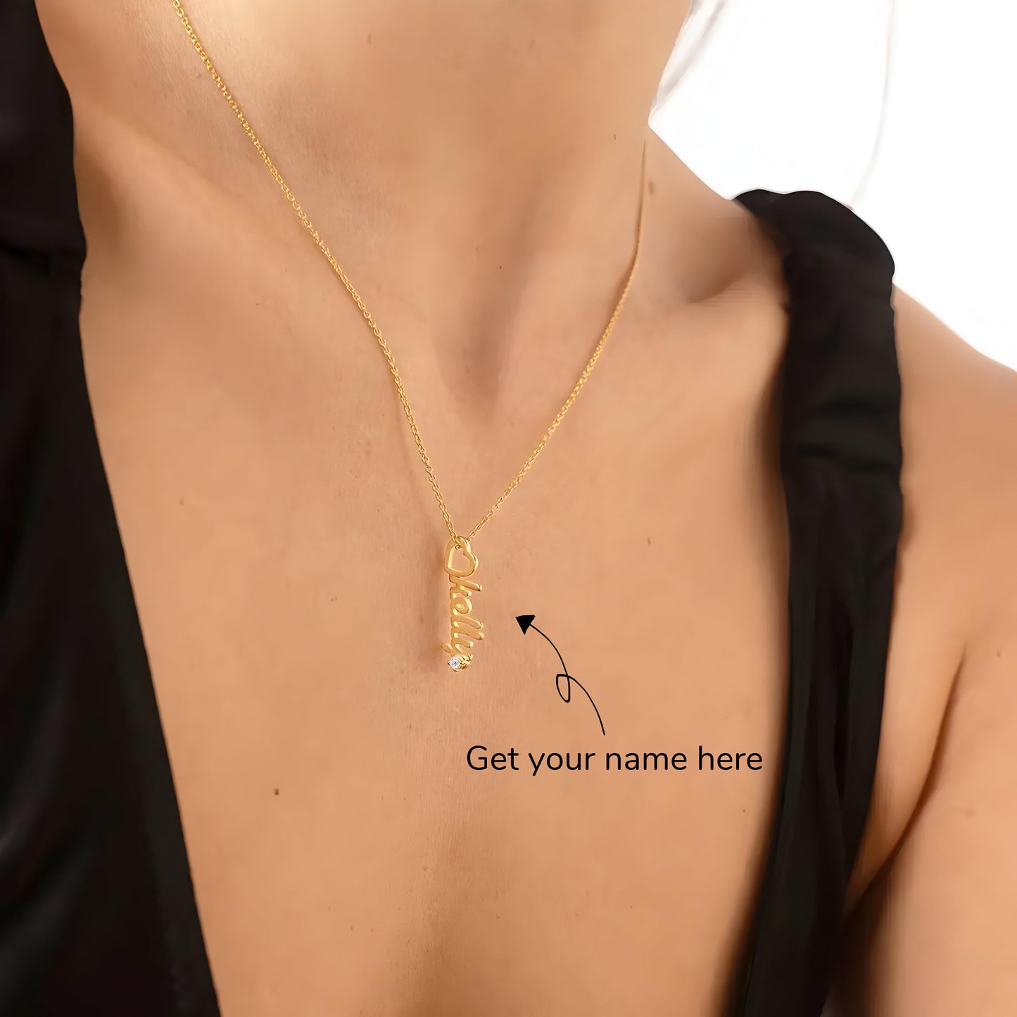 Yours Truly 22K Plated Diamond Studded Heart Drop Vertical Name Necklace