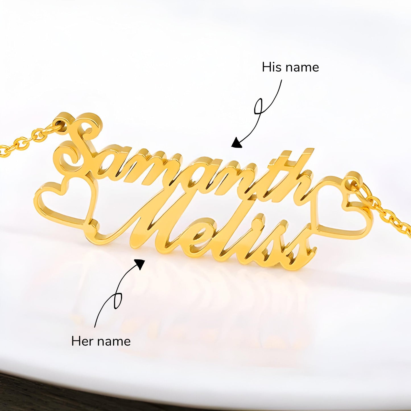 Yours Truly 22K Plated Heart & Heart Couple Name Necklace