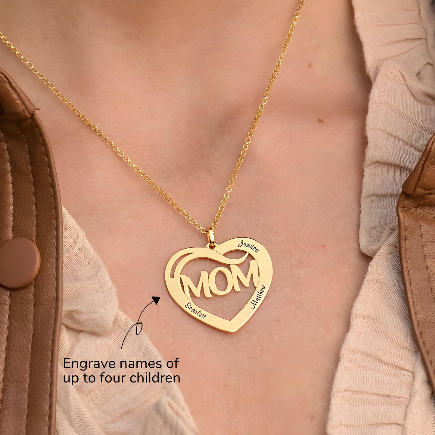 Yours Truly 22K Plated Engraved Heart Mom & Kids Name Necklace